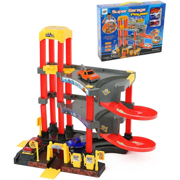 Garáž 2 patra s výtahem + 3 autíčka set s doplňky plast v krabic